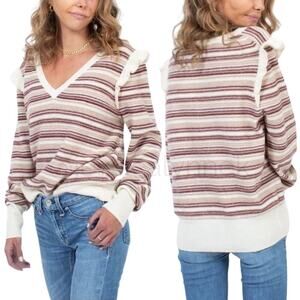 Cashmere Wool Blend Long Sleeve Striped V-Neck Ruffle Detail Sweater Top Beige S